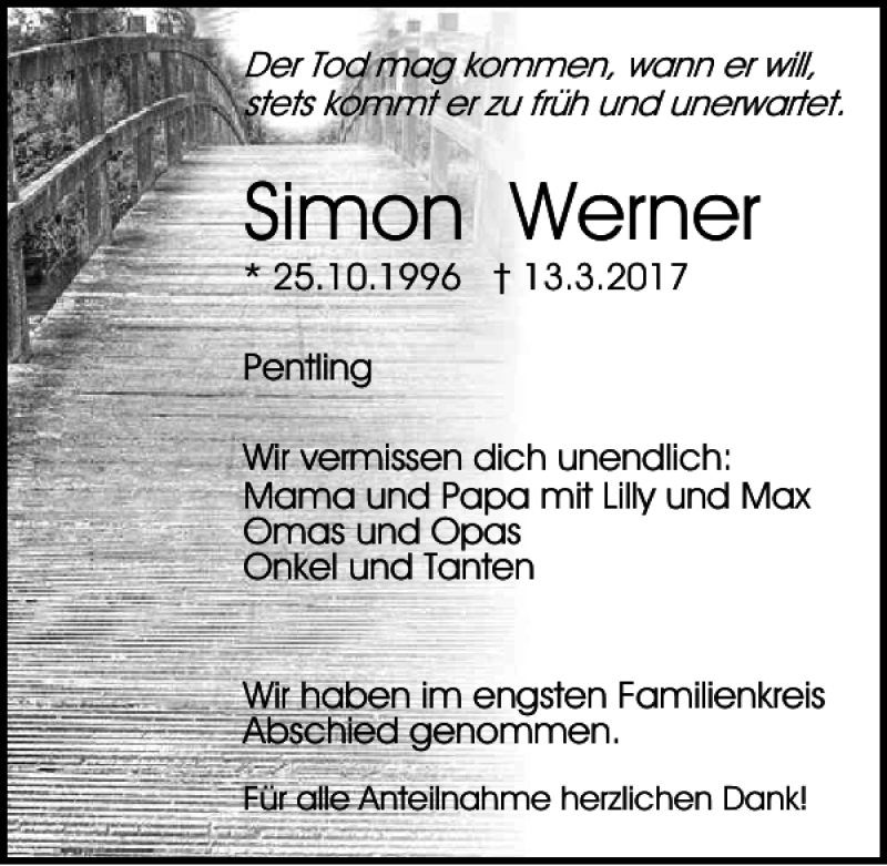  Traueranzeige für Simon Werner vom 18.03.2017 aus Mittelbayerische Zeitung Regensburg