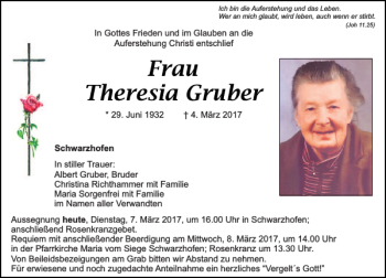 Traueranzeige von Theresia Gruber von Mittelbayerische Zeitung Schwandorf