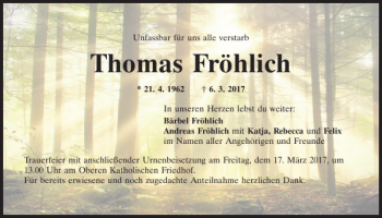 Traueranzeige von Thomas Fröhlich von Mittelbayerische Zeitung Regensburg