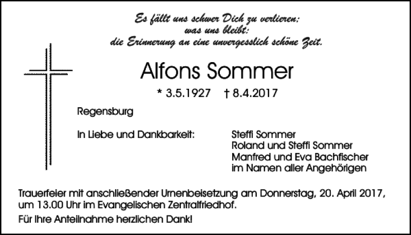  Traueranzeige für Alfons Sommer vom 15.04.2017 aus Mittelbayerische Zeitung Regensburg