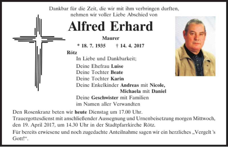  Traueranzeige für Alfred Erhard vom 18.04.2017 aus Bayerwald Echo