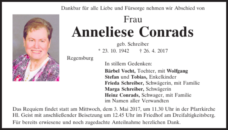  Traueranzeige für Anneliese Conrads vom 29.04.2017 aus Mittelbayerische Zeitung Regensburg