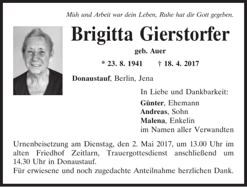 Traueranzeigen von Brigitta Gierstorfer | Mittelbayerische Trauer