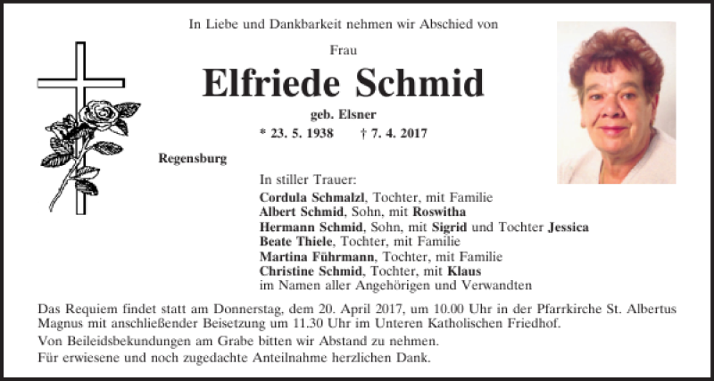  Traueranzeige für Elfriede Schmid vom 15.04.2017 aus Mittelbayerische Zeitung Regensburg
