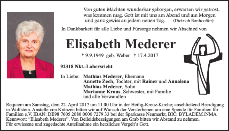  Traueranzeige für Elisabeth Mederer vom 20.04.2017 aus Neumarkter Tagblatt