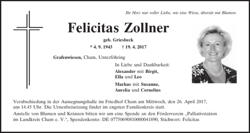  Traueranzeige für Felicitas Zollner vom 24.04.2017 aus Bayerwald Echo