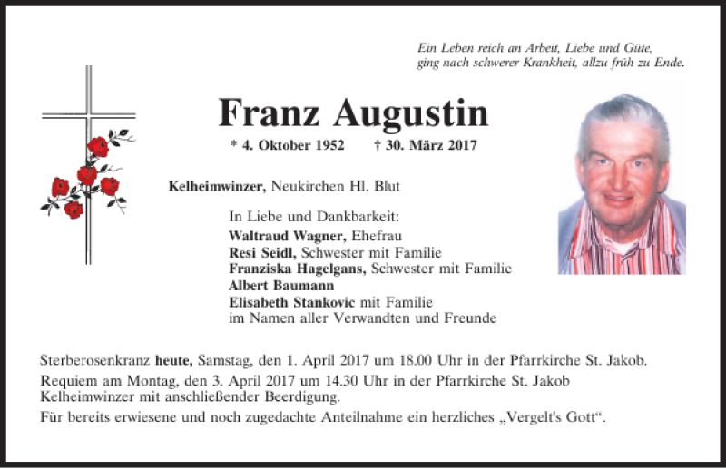  Traueranzeige für Franz Augustin vom 01.04.2017 aus Mittelbayerische Zeitung Kelheim