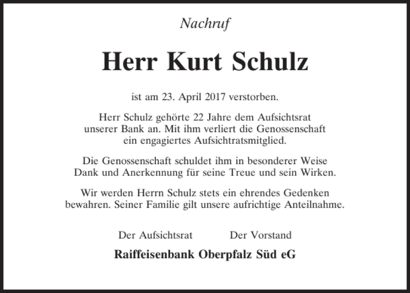  Traueranzeige für Kurt Schulz vom 27.04.2017 aus Mittelbayerische Zeitung Regensburg