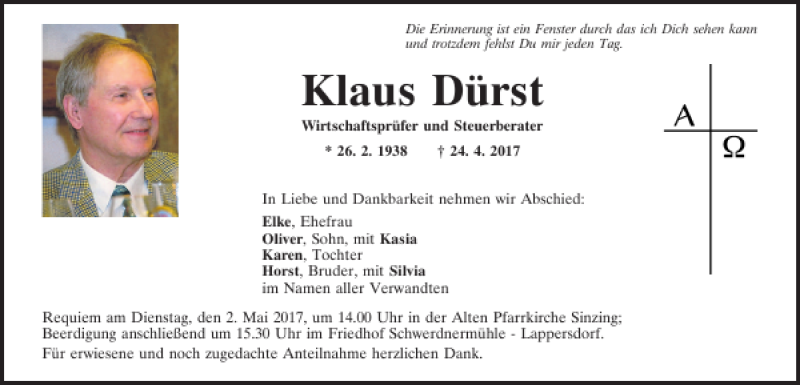  Traueranzeige für Klaus Dürst vom 29.04.2017 aus Mittelbayerische Zeitung Regensburg