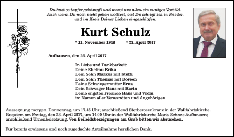  Traueranzeige für Kurt Schulz vom 26.04.2017 aus Mittelbayerische Zeitung Regensburg