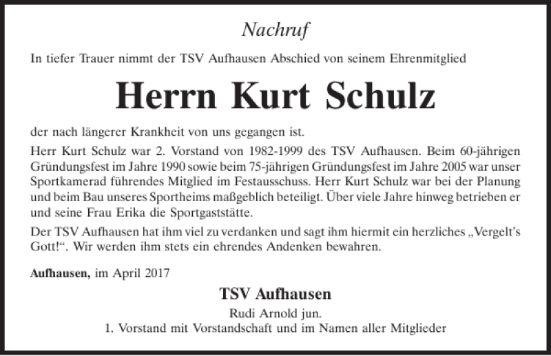  Traueranzeige für Kurt Schulz vom 27.04.2017 aus Mittelbayerische Zeitung Regensburg