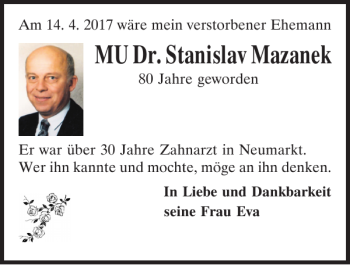 Traueranzeige von MU Dr. Stanislav Mazanek von Neumarkter Tagblatt