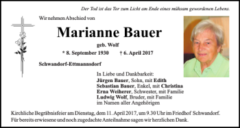 Traueranzeige von Marianne Bauer von Mittelbayerische Zeitung Schwandorf