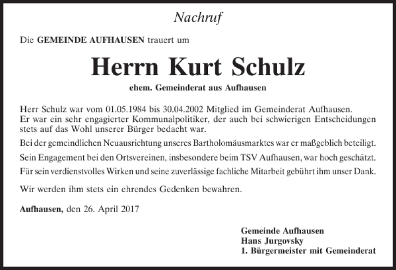  Traueranzeige für Kurt Schulz vom 26.04.2017 aus Mittelbayerische Zeitung Regensburg