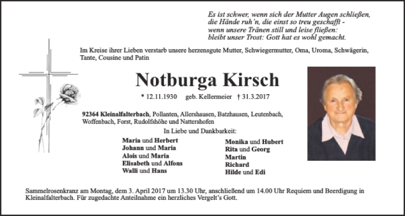  Traueranzeige für Notburga Kirsch vom 01.04.2017 aus Neumarkter Tagblatt