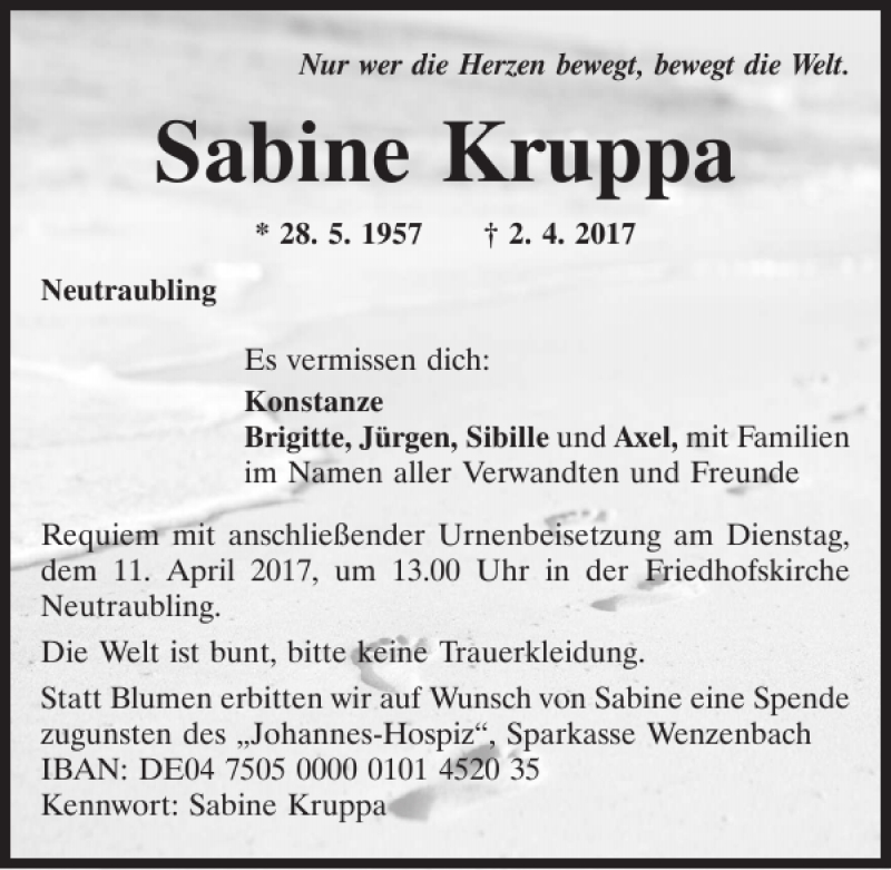  Traueranzeige für Sabine Kruppa vom 08.04.2017 aus Mittelbayerische Zeitung Regensburg
