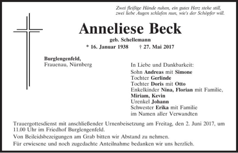 Traueranzeigen von Anneliese Beck | Mittelbayerische Trauer