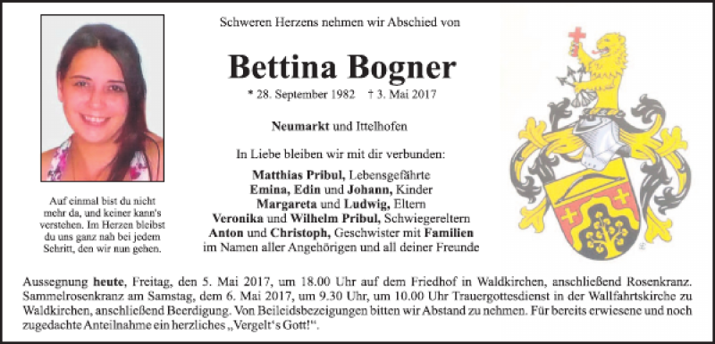  Traueranzeige für Bettina Bogner vom 05.05.2017 aus Neumarkter Tagblatt