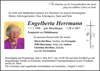 Traueranzeige von Engelberta Herrmann von Neumarkter Tagblatt
