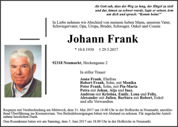 Traueranzeige von Johann Frank von Neumarkter Tagblatt