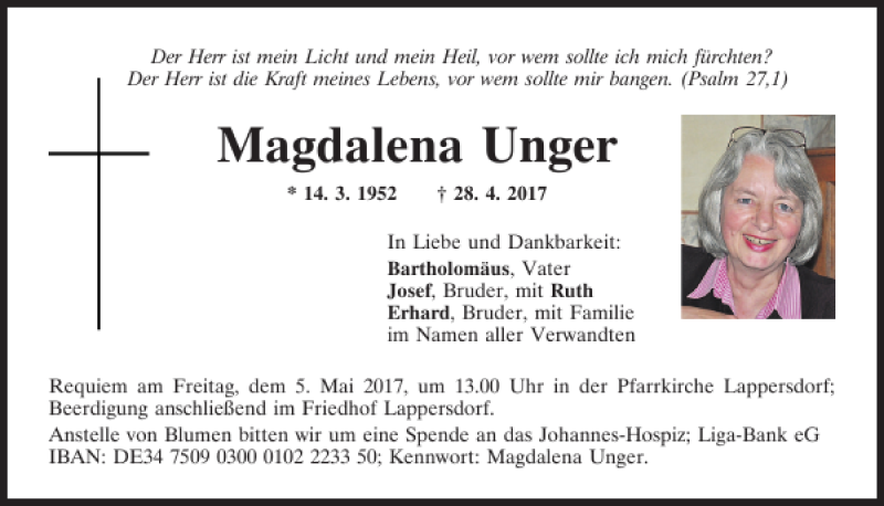  Traueranzeige für Magdalena Unger vom 03.05.2017 aus Mittelbayerische Zeitung Regensburg