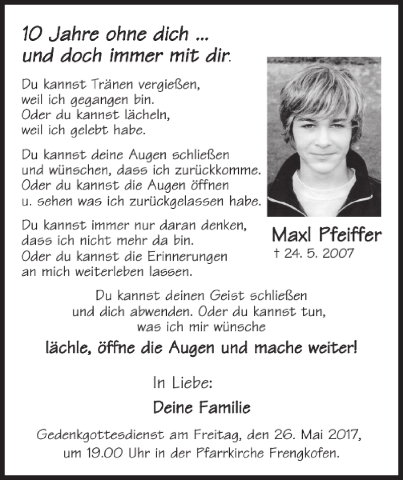  Traueranzeige für Maxl Pfeiffer vom 24.05.2017 aus Mittelbayerische Zeitung Regensburg