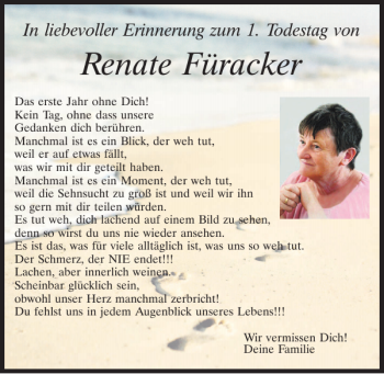 Traueranzeige von Renate Füracker von Neumarkter Tagblatt