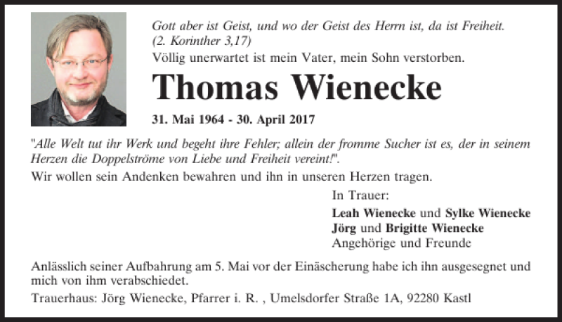  Traueranzeige für Thomas Wienecke vom 11.05.2017 aus Mittelbayerische Zeitung Schwandorf