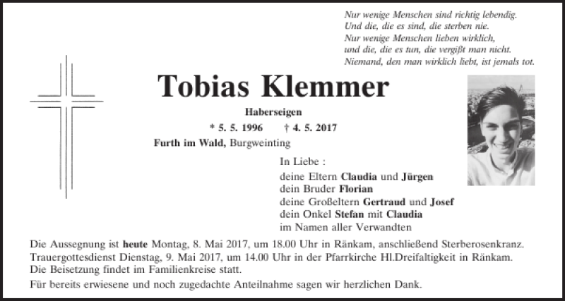  Traueranzeige für Tobias Klemmer vom 08.05.2017 aus Bayerwald Echo