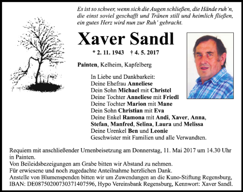  Traueranzeige für Xaver Sandl vom 09.05.2017 aus Mittelbayerische Zeitung Kelheim