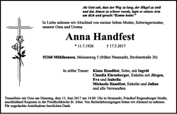 Traueranzeige von Anna Handfest von Neumarkter Tagblatt