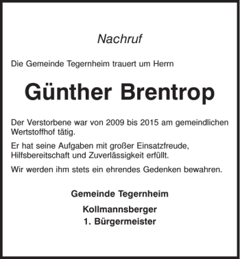 Traueranzeige von Günther Brentrop von Mittelbayerische Zeitung Regensburg