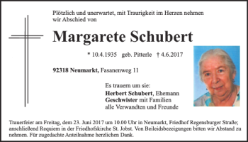 Traueranzeige von Margarete Schubert von Neumarkter Tagblatt