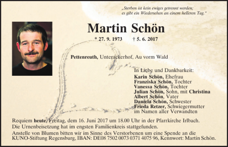  Traueranzeige für Martin Schön vom 16.06.2017 aus Mittelbayerische Zeitung Regensburg