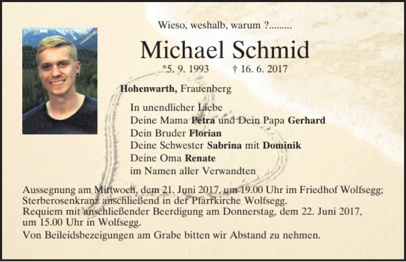  Traueranzeige für Michael Schmid vom 19.06.2017 aus Mittelbayerische Zeitung Regensburg