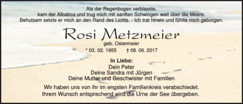  Traueranzeige für Rosi Metzmeier vom 13.06.2017 aus Mittelbayerische Zeitung Regensburg