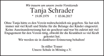 Traueranzeige von Tanja Schrader von Neumarkter Tagblatt