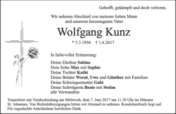 Traueranzeige von Wolfgang Kunz von Neumarkter Tagblatt