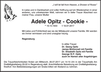 Traueranzeige von Adele Opitz - Cookie von Mittelbayerische Zeitung Regensburg