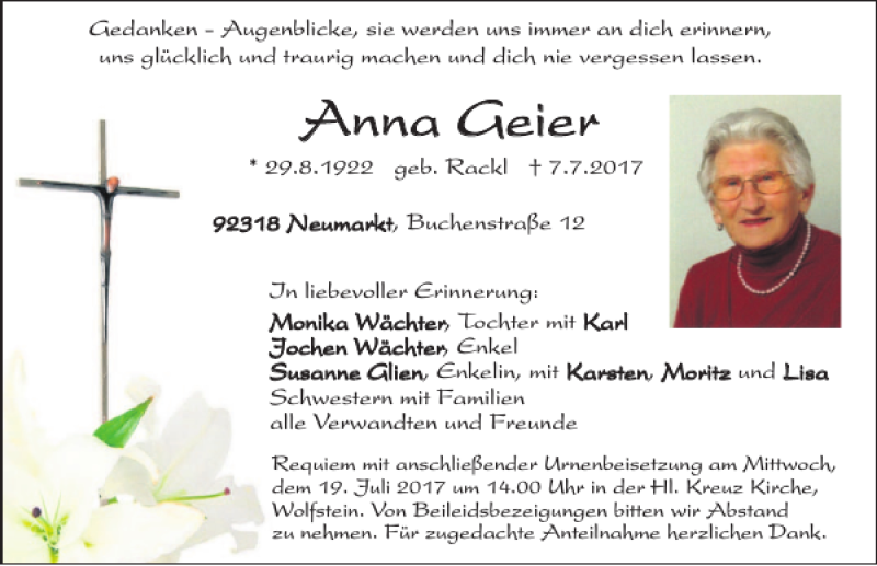 Traueranzeigen von Anna Geier | Mittelbayerische Trauer