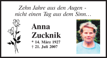 Traueranzeige von Anna Zucknik von Mittelbayerische Zeitung Kelheim