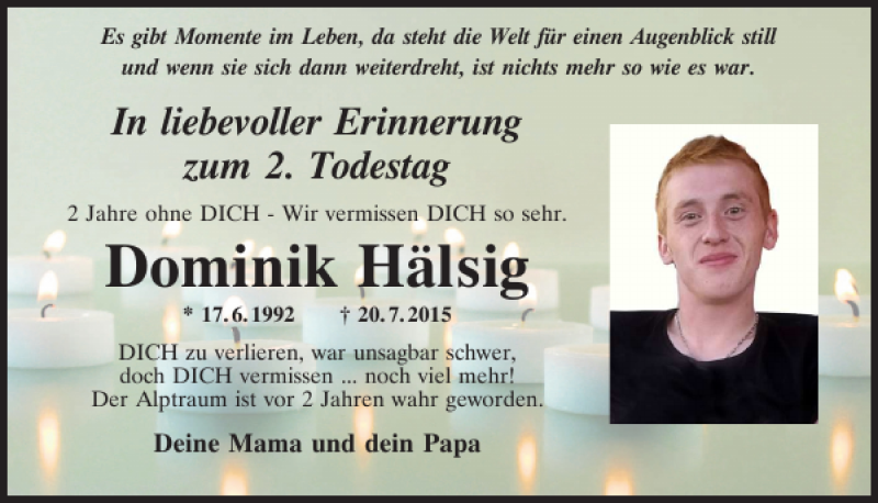  Traueranzeige für Dominik Hälsig vom 20.07.2017 aus Mittelbayerische Zeitung Schwandorf