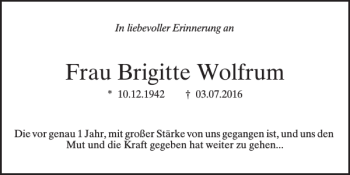 Traueranzeige von Frau Brigitte Wolfrum von Neumarkter Tagblatt