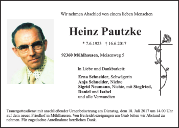 Traueranzeige von Heinz Pautzke von Neumarkter Tagblatt