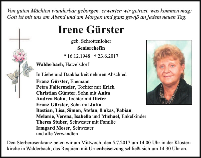  Traueranzeige für Irene Gürster vom 01.07.2017 aus Bayerwald Echo