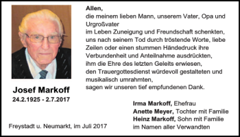 Traueranzeige von Josef Markoff von Neumarkter Tagblatt