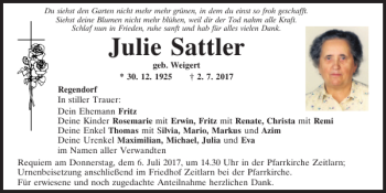 Traueranzeige von Julie Sattler von Mittelbayerische Zeitung Regensburg
