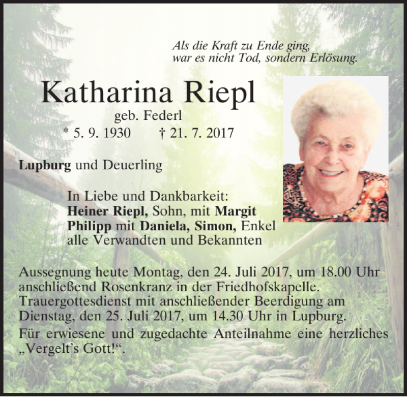  Traueranzeige für Katharina Riepl vom 24.07.2017 aus Neumarkter Tagblatt