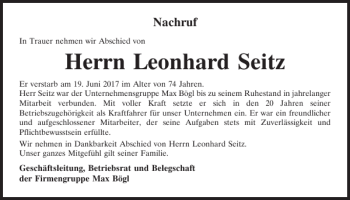 Traueranzeige von Leonhard Seitz von Neumarkter Tagblatt