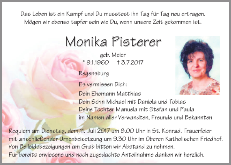  Traueranzeige für Monika Pfisterer vom 08.07.2017 aus Mittelbayerische Zeitung Regensburg